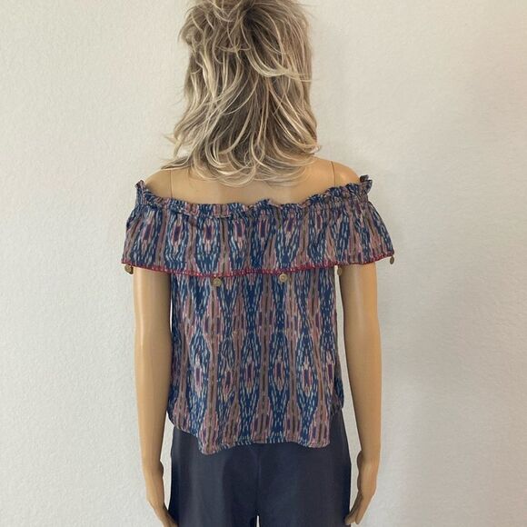 THML XS Ikat Off Shoulder Flutter Sleeve Coin Tassel Boho Cropped Top - Picture 6 of 12
